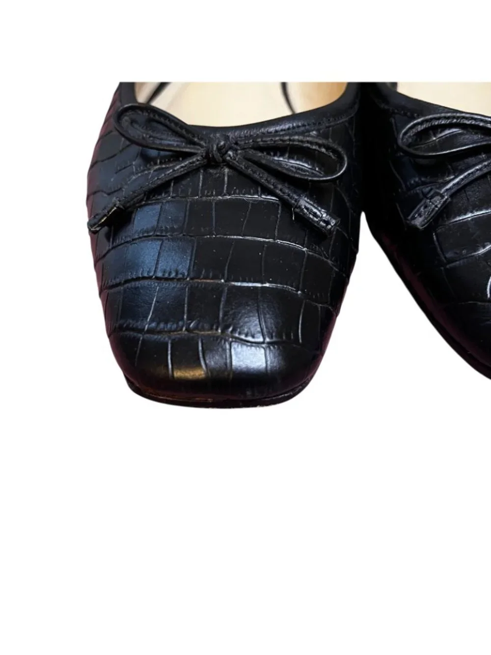 J McLaughlin Shoes Womens Size 9.5 Black Croc Leather Ballet Flats Bow Sq Toe